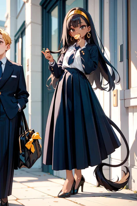 A pretty young girl, sideways,  long hair,  dark hair ,  School uniform ,  long dress , dark dress,  dark eye earrings, golden earrings, golden headband, white school shirt, Dark blue tie,  elegant black high-heeled shoes,  tail-eating black shoes .