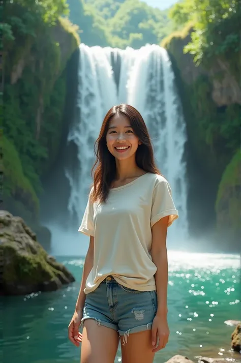  Beautiful Vietnamese woman wearing t-shirt piece of shorts, standing full body facing the camera laughing ,Waterfall background,with mossy boulders , and river with boulders .