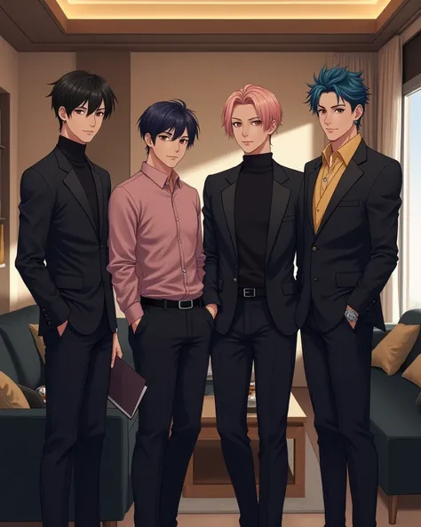 부드러운 회화체, 섬세한 일러스트, 4 men standing in a luxury house, the first man has black hair, cold expression, wearing a black suit, neat hair, brown eyes, a black turtleneck, wearing a wristwatch, standing beside a sofa, holding a book, the second man has light pin...