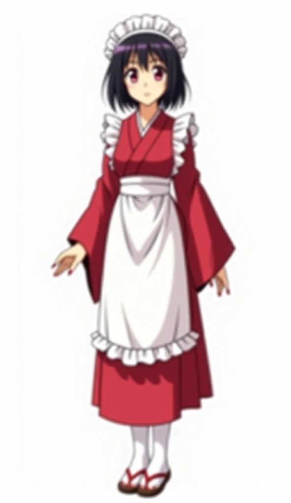  Japanese anime age woman with upturned black hair wears a white cap with ruffles and intense magenta eyes and red nails and wears clothing consisting of a red kimono with wide sleeves and a white apron with ruffles on her shoulders, suggesting that she is...