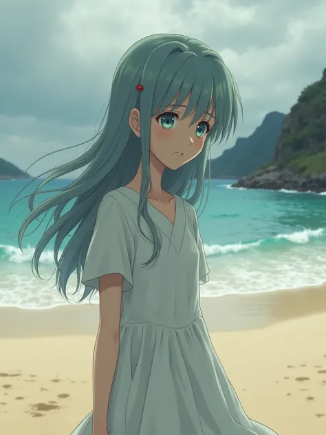 A anime girl standing on beach sadly