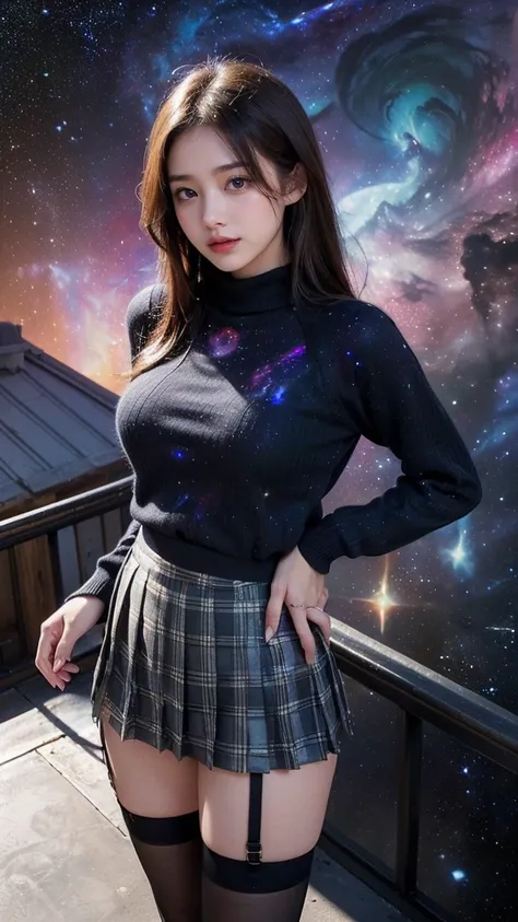 ai_kase, (Pitch black with no lighting:1.5,(A clear night sky with multiple nebulae clearly visible:1.2), (A beautiful girl looking at a nebula from the rooftop of a skyscraper), (A dim night sky with twinkling stars), (Beautiful girl standing by the rooft...