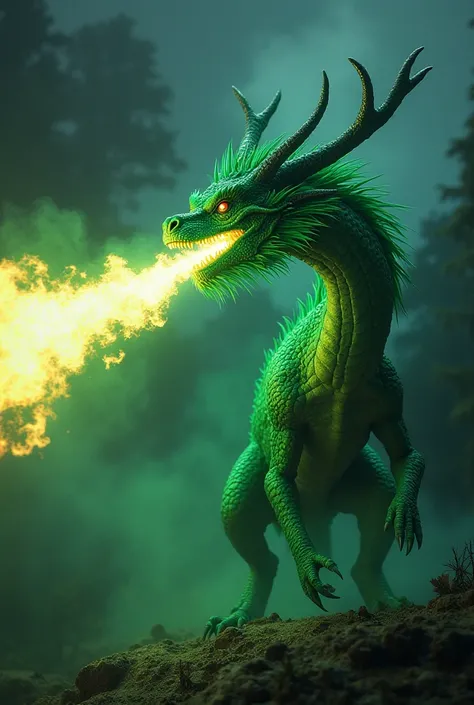 I want you to behave like a wendigo dragon breathing fire in a bright green and sticky color that will rout any creature passing in front of it.
under a sunset which will illuminate the dragon with a bluish aura