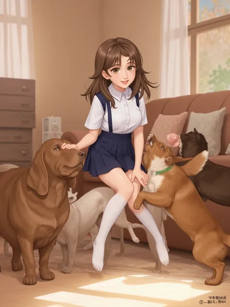      girl   、uniform 、  white high socks　
 living room 、Playing with dogs

