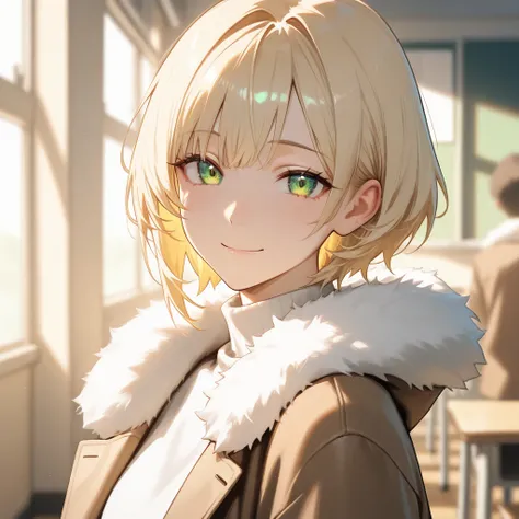 masterpiece, best quality, detailed face, 1 boy, solo, beautiful face, wide shoulders, gentle smile,
bangs, short hair, blonde hair, vibrant green eyes, brown jacket, fur collar, white turtleneck,
people in background, classroom, morning, depth of field, b...