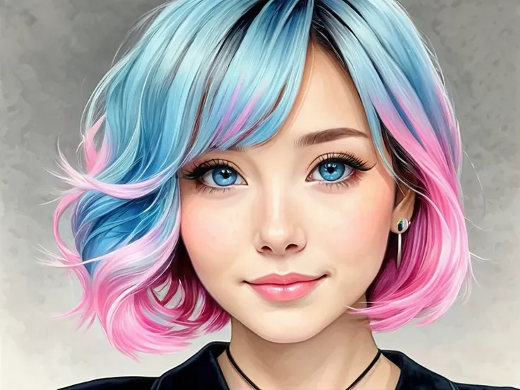 black background, without backgrount, (a beautiful Japanese girl:1.3), (light blue eyes, short bob cut, wavy hair, light blue hair:1.2), (multicolored light pink hair:1.5), beautiful face, (realistic face), heart earrings, and a peaceful smile in black and...