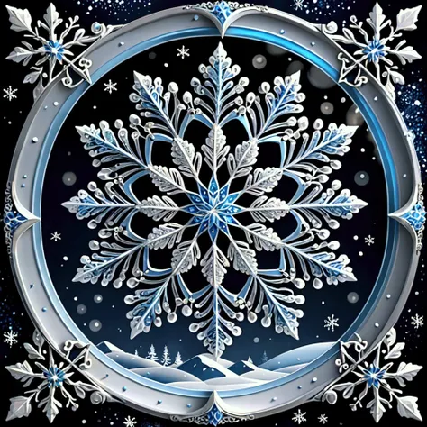 ( background).   winter fantasy art  . (background):dark blue,  decorated with geometric silver stars,  snow  dust, Lace pattern ,  snow -white,  aurora . (Inside1,8) Blooming rosebud, entwined with  snow flakes, blizzard swirls,  snow  spirals, frost:бice...