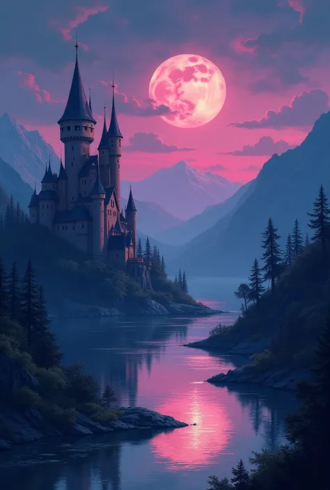 Two castles separated by a river, but the good castle is bright pink, and the evil castle is dark black, make the bad castle have their sky black and add creatures example witches, while the pink one make it magical and add princesses, fantasy art cartoon ...