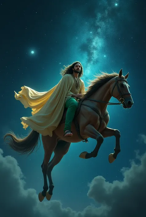 A long-haired Arab man wearing green leggings is riding a horse flying through the night sky in the stars