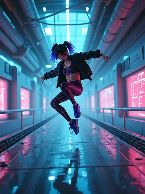 Real photograph, a Japanese cyberpunk girl with a cute face, captured in an acrobatic, high-energy pose inside a neon-lit, futuristic interior. She is mid-air, flipping off a high-tech console, vaulting over a sleek metallic railing, or twisting dynamicall...