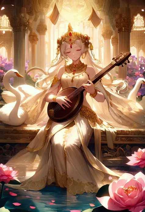 A serene goddess figure sits gracefully on a blooming lotus flower, adorned in an elaborate white Saree and gold outfit with intricate jewelry. She holds a beautifully crafted musical instrument, surrounded by vibrant roses and swans in a tranquil water se...