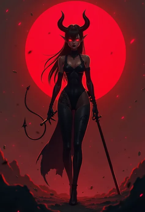 a woman holding a sword in front of a red sun, a woman's silhouette, a demonic soul concept art, an anime visual, black lipstick, an anime!!!! key visual, full body female devil, webtoon, plastic doll, character reveal, glowing red eyes, beyonce portrait, ...