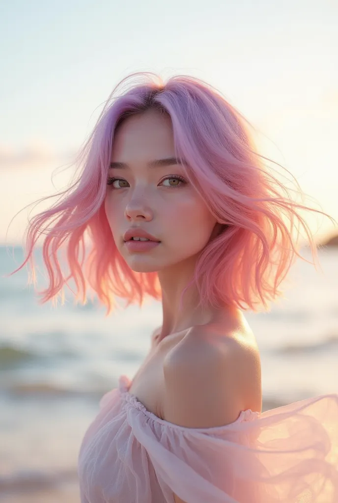 How many kinds of soft pink、soft purple、It is a hair color mixed with soft orange that contains layers, and a girl about the length of a collarbone is at the seaside and is blown by the wind