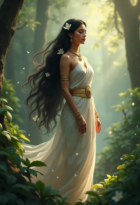 Parvathi (in her original form)

Prompt:
A serene, graceful woman with a divine aura, Parvathi is dressed in traditional attire, glowing with beauty and wisdom. Her long, dark hair flows freely, adorned with jasmine flowers. Her gentle eyes radiate compass...