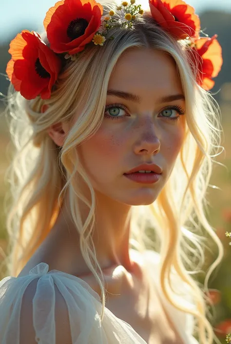  of the best quality,  masterpiece, ultra high res, ( photorealistic :1.4),  RAW Photo,  1girl,  blonde,  blue eyes,   detailed eyes and face, white light dress ,  dynamic lighting, in bright light, low key, cowboy shot full length .
The woman has a wreath...