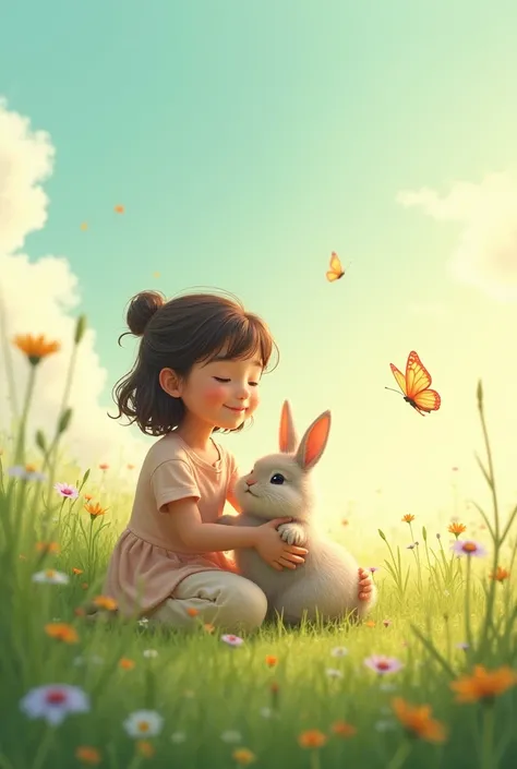 A young girl sitting in a lush green meadow with a small rabbit on her lap, gently petting it as a butterfly flutters nearby, under a bright sunny sky."
