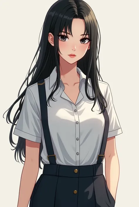 A fictional picture of a beautiful 24-year-old woman who has long straight black hair, black eyes and a very well developed body.Big breasts in size F56 and bright white skin like the moon. She wears respectable work clothes consisting of a Jumpest shirt i...