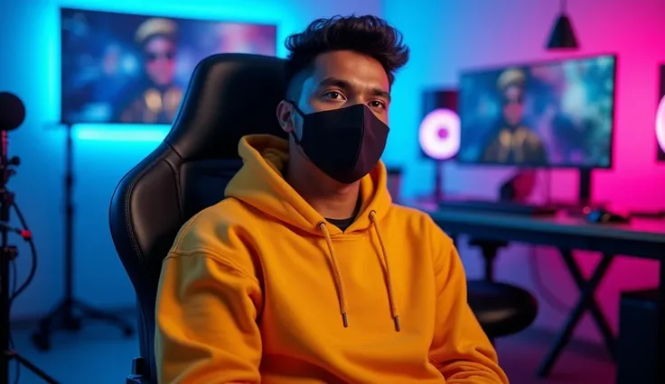 An Indian man sitting confidently on a modern gaming chair in his YouTube studio. He is wearing a bright marung hoodie . His face is clearly visible and expressive despite wearing a sleek black COVID-19 mask. The man is reacting to a video, while looking d...