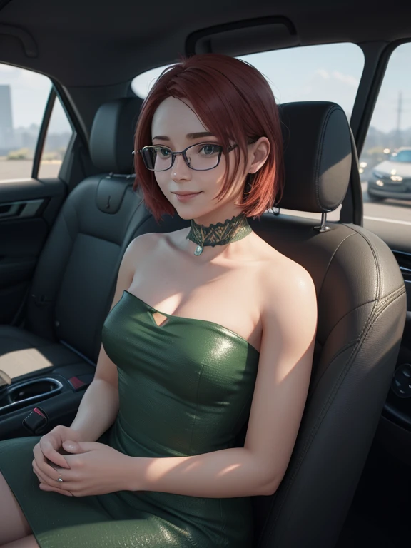  close-up ,  upper body . Short,  red hair,  Green eyes,  metal-framed glasses, green strapless dress, smiling 15-year-old girl sitting in a car. ( masterpiece,  top quality,  best quality,  official art ,  beautiful and aesthetic:1.2),  Extremely detailed...