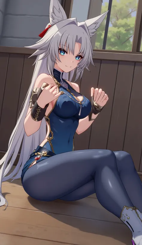 Feixiao (from the videogame Honkai Star Rail), her authentic grey hair, giving a seducing face expression, slim body, small breasts, wearing a blue transparent body, wearing a blue pantyhose, wearing white socks over the pantyhose, wearing beautiful ankle ...