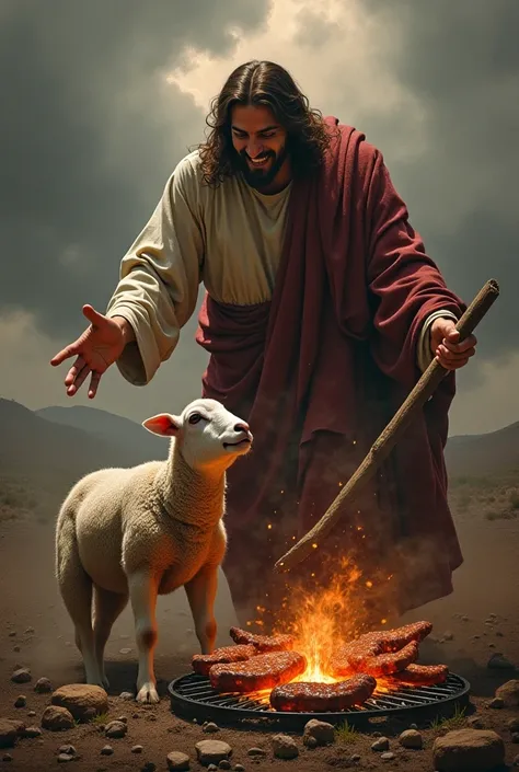 Jesus saving lamb from Satan use a bbq in the picture