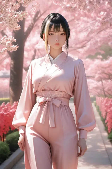 4D digital fantasy artwork of a beautiful Korean woman with long black hair, brown and blonde highlights. Wearing a Harajuku suit standing among a cherry blossom garden, cherry blossom garden background. Best quality realistic real photo. UHD 45K, ULTRA RE...