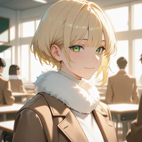 masterpiece, best quality, detailed face, 1 boy, solo, beautiful face, wide shoulders, gentle smile,
bangs, short hair, handsome hairstyle, blonde hair, vibrant green eyes, brown jacket, fur collar, white turtleneck,
people in background, classroom, mornin...