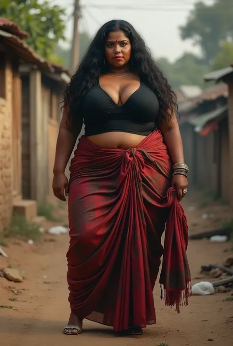 Indian extreme plus size BBW chubby fat busty dark skinned wide woman with dusty face with large breast and large extreme fat curvey figure and wide shoulder and long hair and wearing black deep neck tight fitting blouse of saree with displaying big cleava...