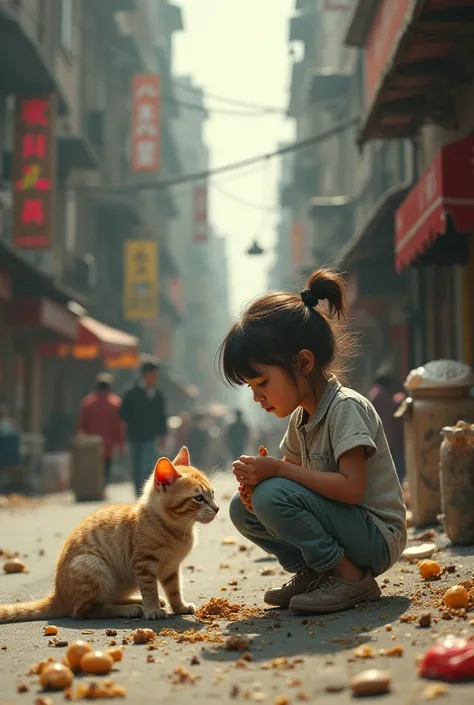 On the side of a city road, a skinny cat with various insects on its body is eating leftover food from the street. A girl comes over and takes the cat in her arms.