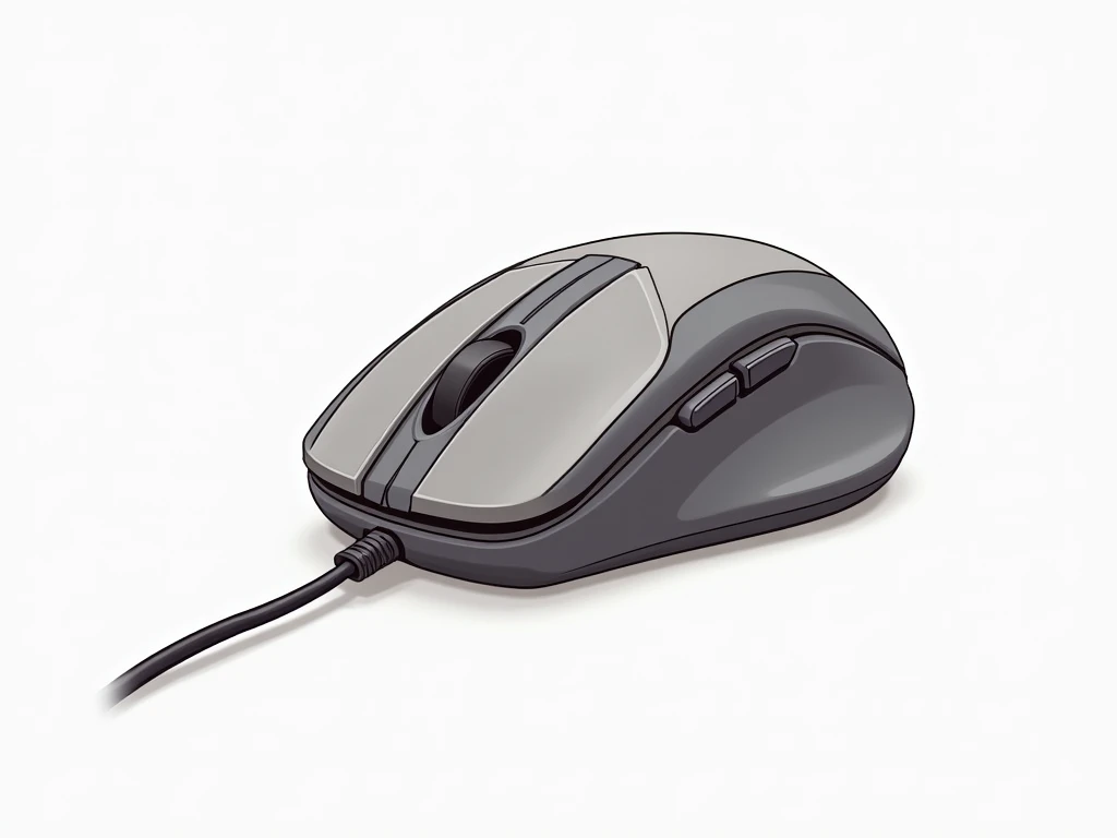 A wired computer mouse, plain background, illustration, vector, accurate drawing, correct symmetry, sharp focus, highest quality