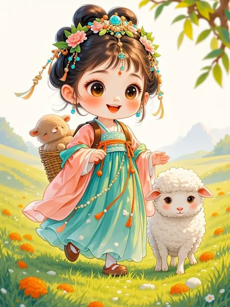     Little cute，Girl herding sheep 