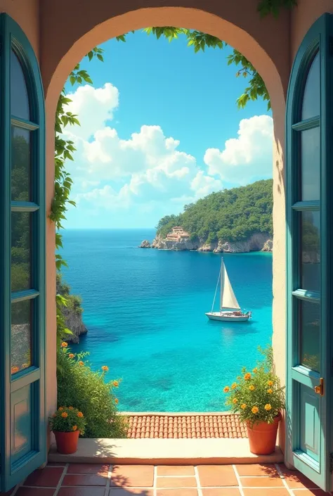 Real image of window open to the sea with crystal clear water with a sailboat and jungle . Mediterranean touches. Inspiration from the ABBA film