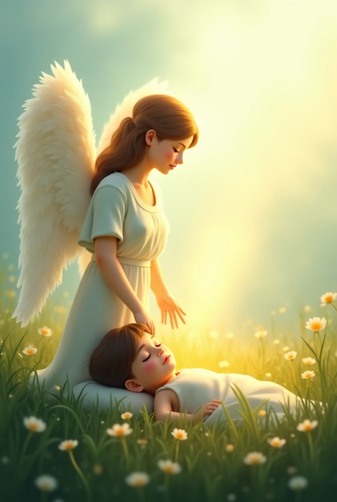 An angel standing oever a girl sleeping on the meadow. A ray of light głową down from his fingers on her, everyrhing is blurred and soft, pastel colours.