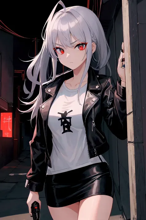 a female korean assassin with red eyes, holding a handgun in a dark alley at night, wearing a white t-shirt, casual leather jacket, and black mini skirt, cold and cynical expression, grey hair