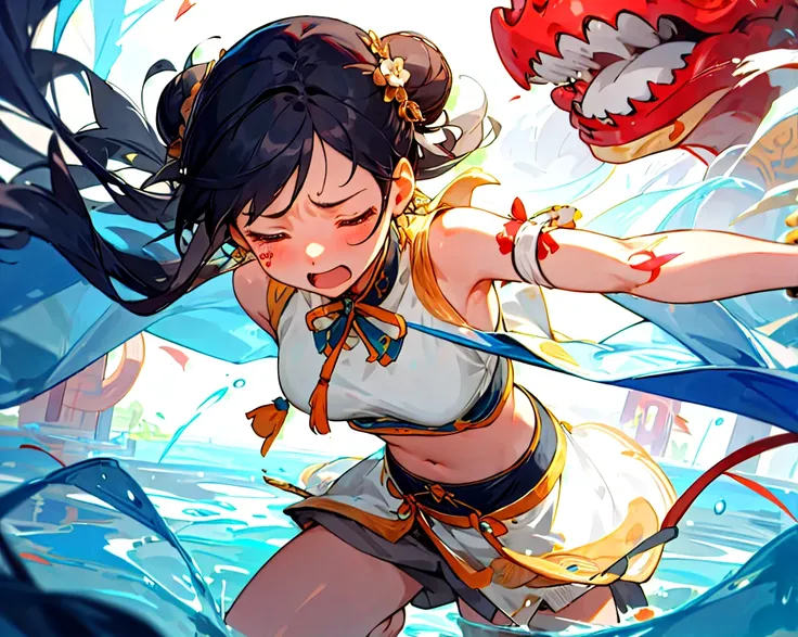 少女のwhole bodyが見える,The girl is seriously injured  , Frightened face、,Crying face, the girl who is jumping 、 The girl has a distressed expression 、Frightened face、A fight between a girl and a monster , monsters catch the girl and lift her up,Monster bites gi...