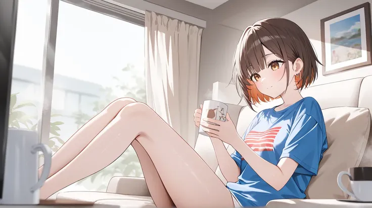  One Girl、 short bob with brown hair、Living room with the rising sun、 T-shirt、 coffee、Mugs、 top quality,up to date, high resolution, 