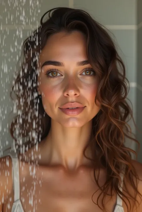 (photorealism:1.2), generate full face selfie of a 40 beautiful woman, long curly brown hair, light brown eye, about to have her shower in the bathroom, realistic