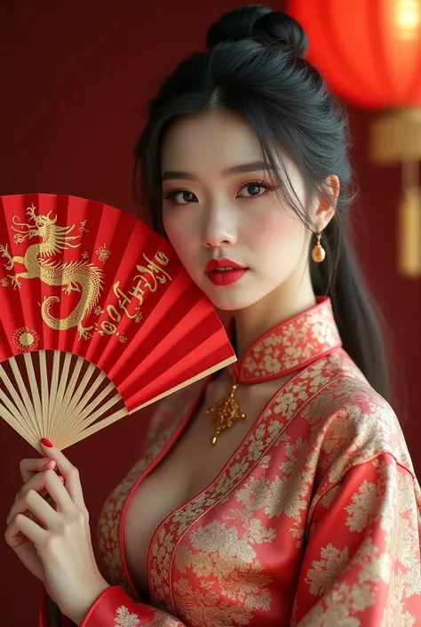 beautiful Chinese woman,hair in a bun chinese style,perfect make up,red lips,very stocky body,very big and very bulging breasts,very white skin,wearing a red dragon motif v neck singlet traditional chenese clothes fitting,hand holding taditioonal big fan,o...