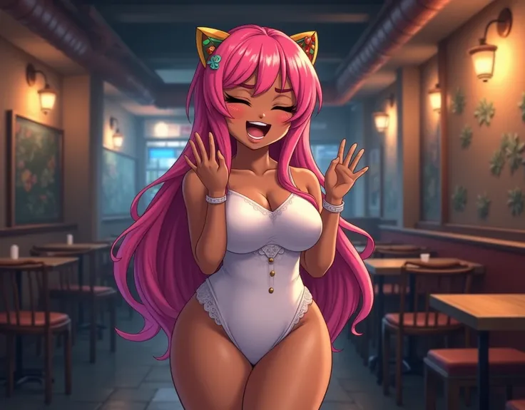 Jamaicanized Woman　Cheerfully　 pink long hair welcoming me 　 sasanqua hair ornament 　 brown skin　White school swimsuit　large breasts, embarrassed smile, (closed eyes:1.2), 　 cute　(dark_skin:1.4)　hime cut Sneezing one girl,open mouth,  (Astonishment),　moe s...