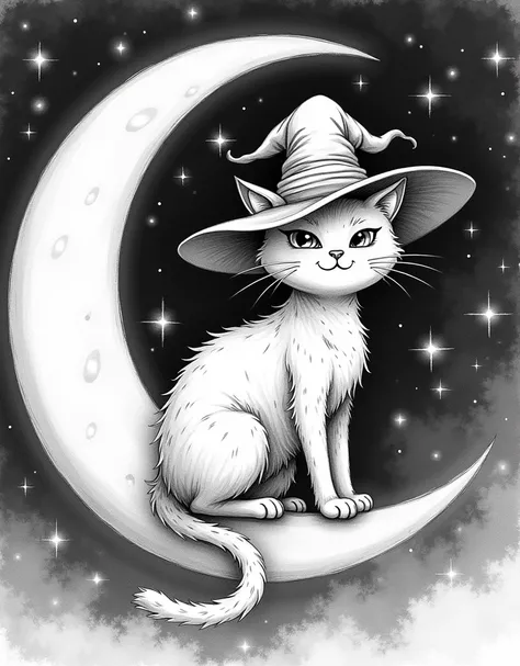 a cat sitting on a moon during night, wearing a witch hat, pencil sketch coloring page