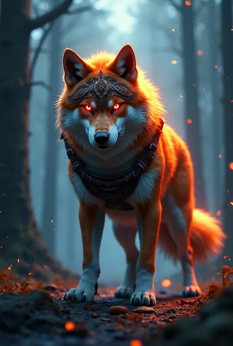 A fierce and intense wolf standing confidently in a dim, mystical forest, its face clearly visible with sharp, angry eyes glowing with red, determination. The wolf wears a shiba inu-themed warrior headpiece perched on top of its head like a mask, designed ...