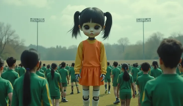 A vast open field with hundreds of players wearing green tracksuits, all frozen in fear as they stare at a towering robotic doll. The doll is a giant young girl with an eerie, emotionless face, short black hair tied in two pigtails, and lifeless black eyes...