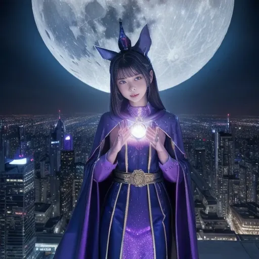 A female magician stands on the roof of a building in a futuristic city. She is wearing glittering magical robes and has her hands raised as she chants. Skyscrapers stand in the background, and a full moon and twinkling stars float in the night sky. In the...