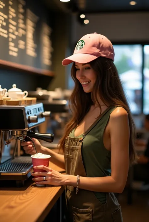 Inviting message :

In a Starbucks cafe, a beautiful, long-haired woman wearing a pink hat with a Starbucks logo, a green sleeveless T-shirt with a deep neckline, and altogether a brown one with the Starbucks logo, is preparing coffee using an automatic co...