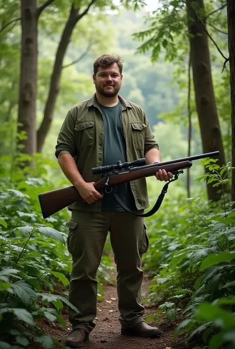 "A 24-year-old man standing in the jungle, holding a rifle in his hands, posing for a photo. He is dressed in casual outdoor clothing, surrounded by dense greenery and tall trees. The lighting is natural, with sunlight filtering through the canopy above."