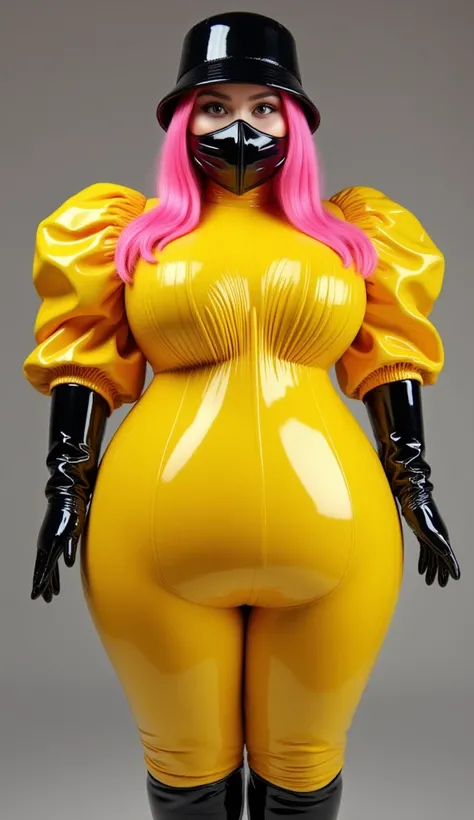 47 years old, cute and chubby Bbw Korean woman, (It looks like they're jumping high from the roof), (high gloss black leather bucket hat), ( pink hershey layered long hair ), ( wearing a high-gloss black latex mouth mask), ( high-gloss yellow latex suit le...