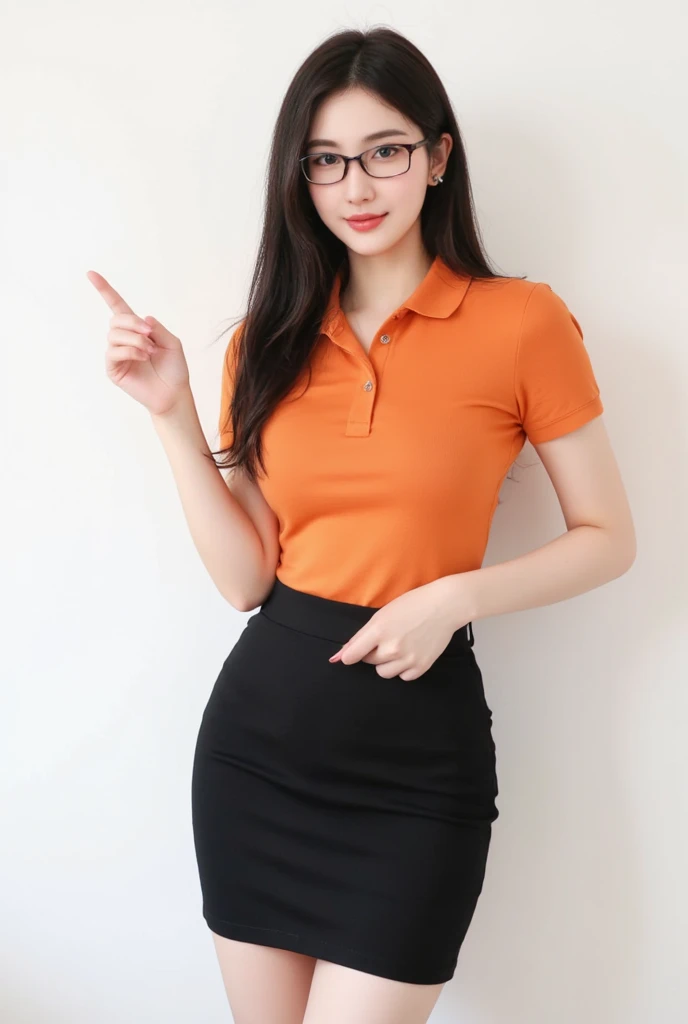 realistic sexy beautiful thai woman and beautiful eye and black hair and Adulthood and 40 age and Smile widely and sexy face and wearing orange Short sleeve collar shirt and black skirt and wearing glasses and Point your finger to the left and full body vi...