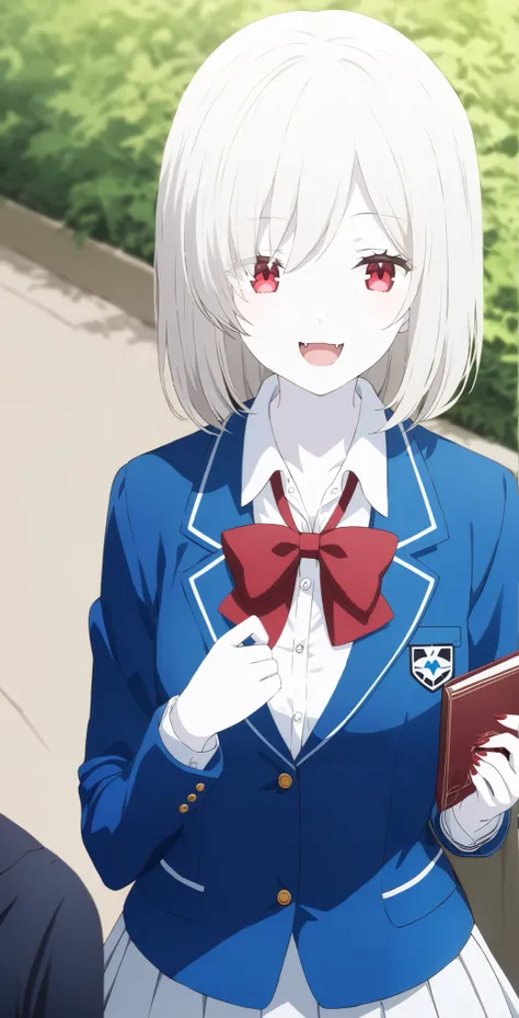 score_9, score_8_ up, score_7_ up, source_Anime, high definition , Anna, 1 girl, Alone, school uniform , red eyes, jacket , shirt, bow, white shirt, blue jacket , collared shirt, blazer, red bow, medium hair , bowtie, bangs, Pure white hair,...