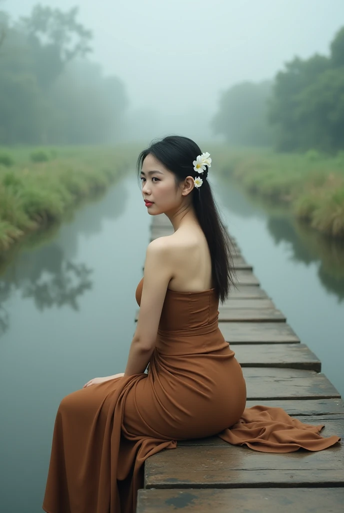 A Thai woman in a simple brown Thai cloth sits gracefully on a rustic wooden bridge over a quiet stream. The Thai cloth is wrapped around her body modestly, her posture reflecting contemplation and elegance. This outfit is complemented by a white flower hi...