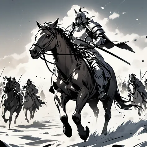  top quality,masterpiece, black and white,samurai,Ride a horse and run through the battlefield,pocket,armor, white breath , snows,strong